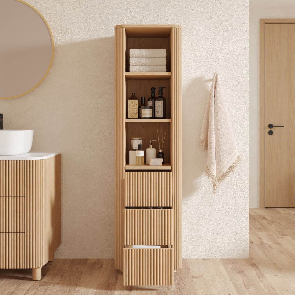 Fluted 58" Bathroom Linen Cabinet with 3 Drawers and Open Shelves window image