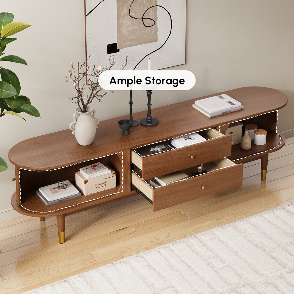 80" Ash Wood Fluted Walnut TV Stand with Storage window image