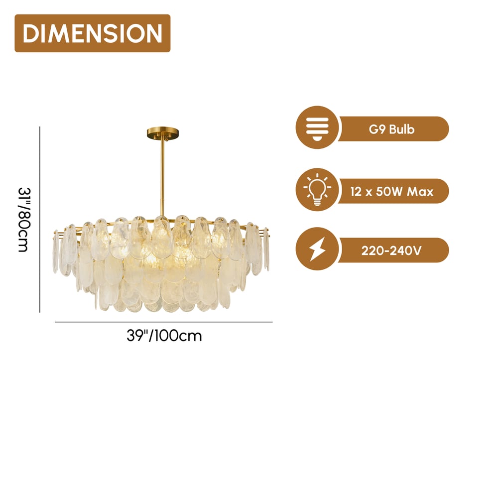 Cloude 100 cm 12-Light Glass Chandelier with Bulbs & Adjustable Height weights dimensions image