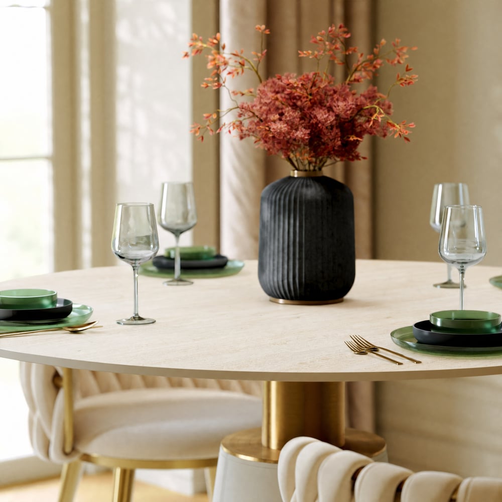 Modern 39" Round Faux Travertine Dining Table with Leather-Wrapped Base, Seats 2 window image