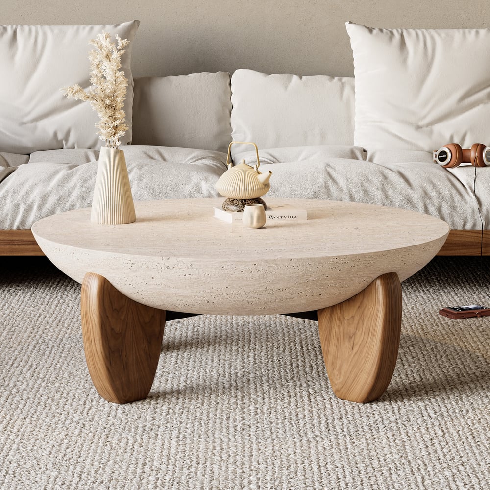 Table basse Curva ronde 94 cm en béton noyer avec pieds en bois image de fenêtre