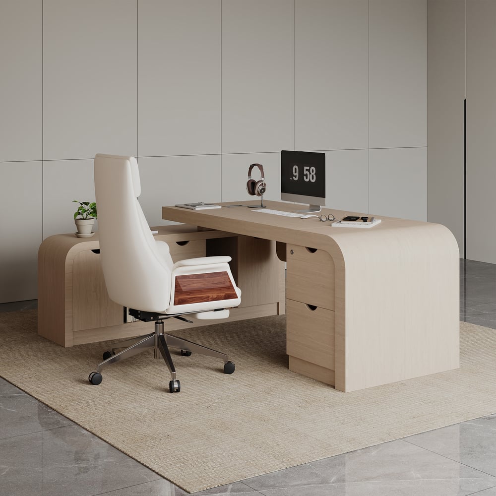 70.9" Whitewash L-shaped Executive Desk Left Hand & Reclining Leather Office Chair window image