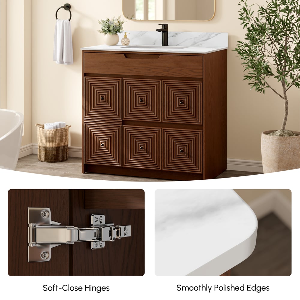 92cm Walnut Single Bathroom Vanity with Sink and Sintered Stone Top window image