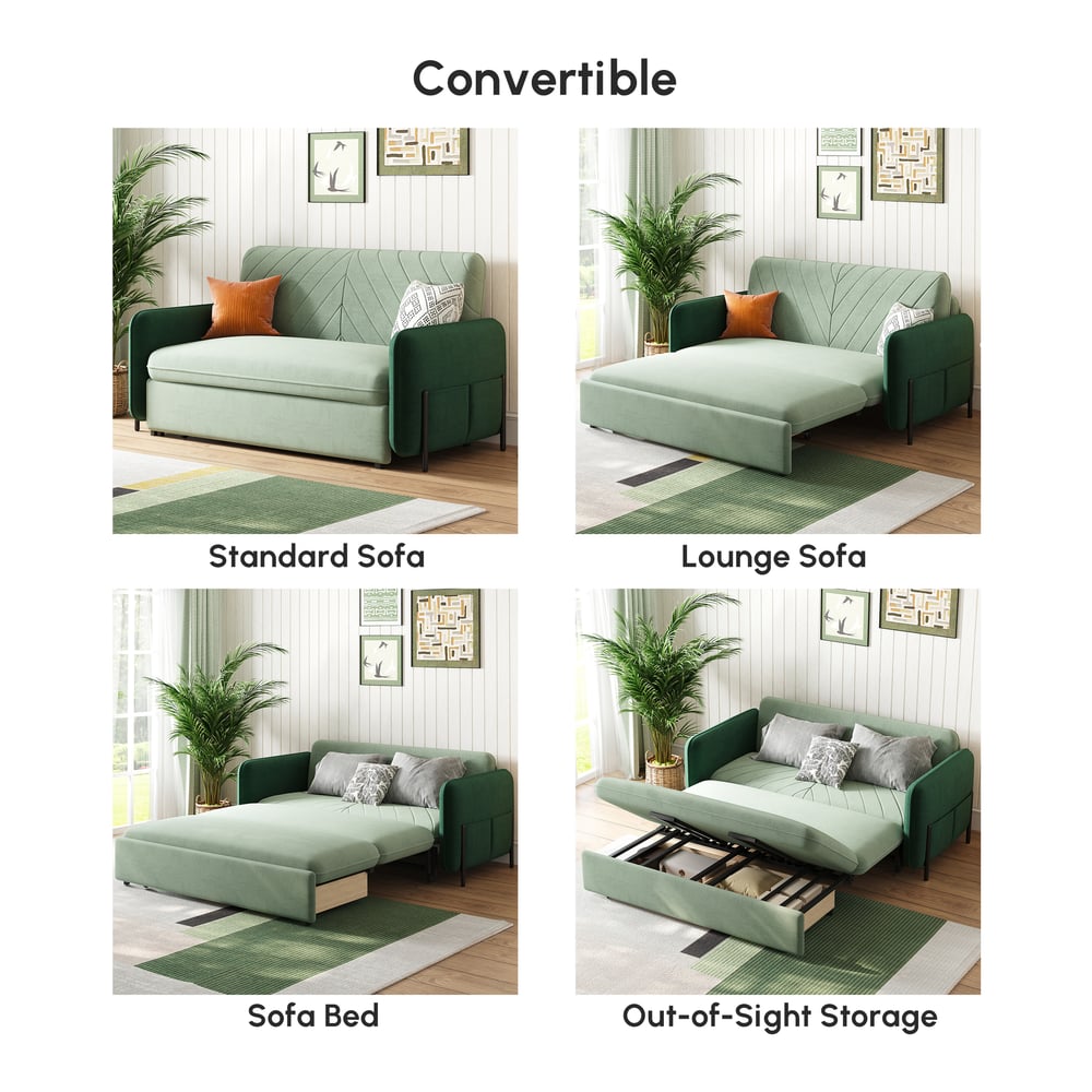 170 cm 2-Seater Green Velvet Convertible Sleeper Sofa with Storage & Pillows window image
