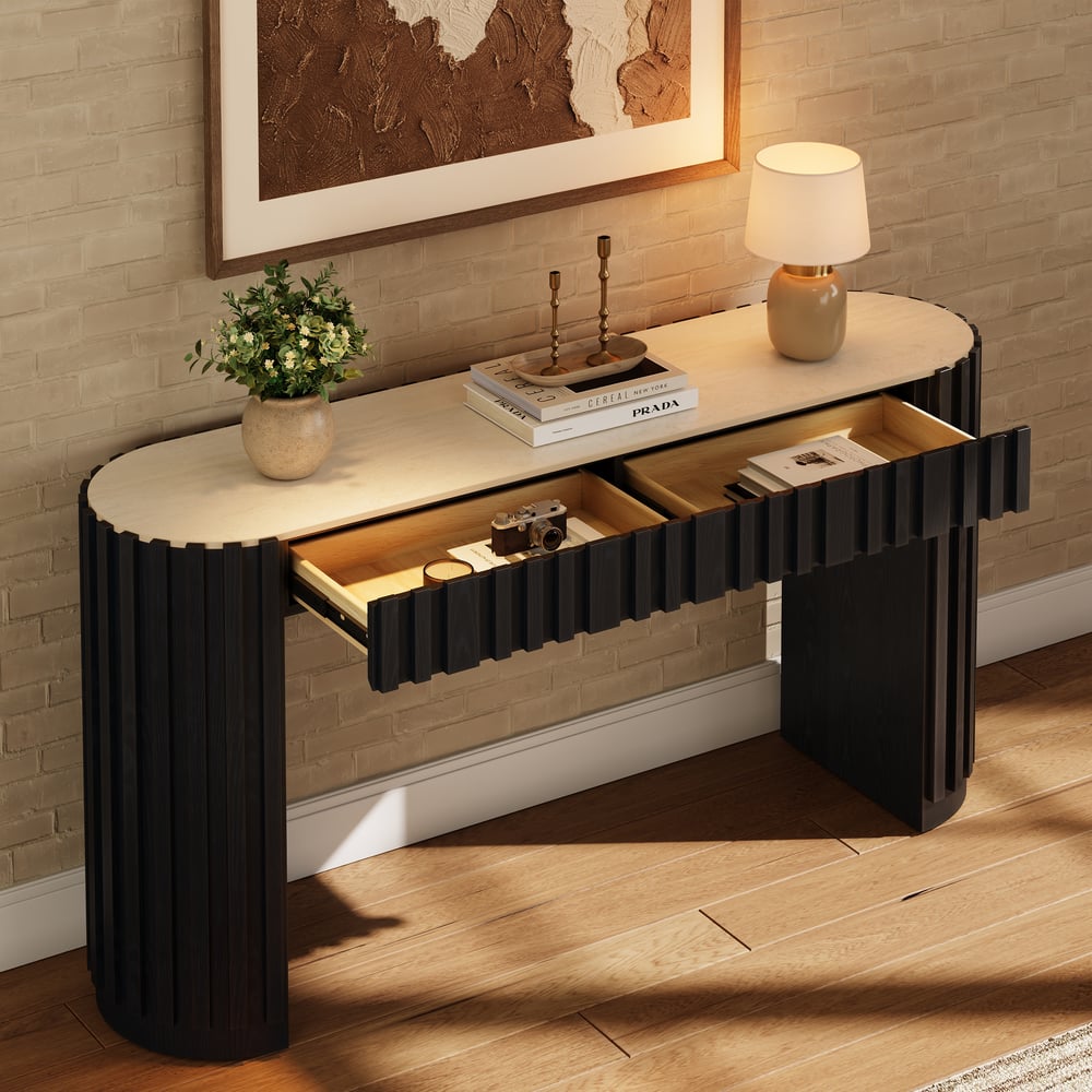 Aura 60" Ash Wood Fluted Black Console Table With Sintered Stone Top window image