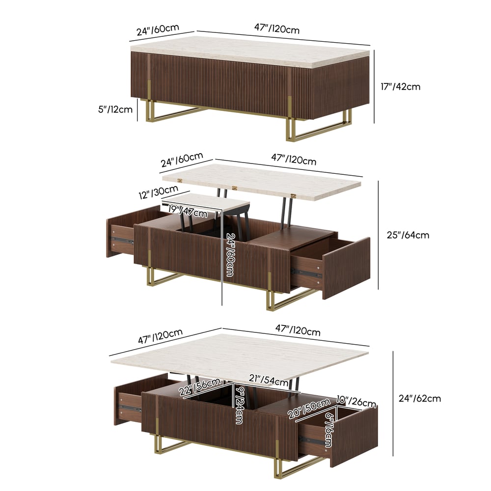 Table basse relevable Grovyn de 47,2" avec finition cannelée et 2 tiroirs Poids, dimensions, image