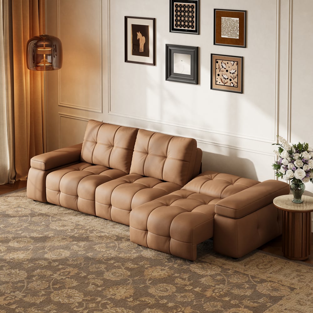 130" 3-Seater Genuine Leather Power Convertible Sleeper Sofa with adjustable armrests window image