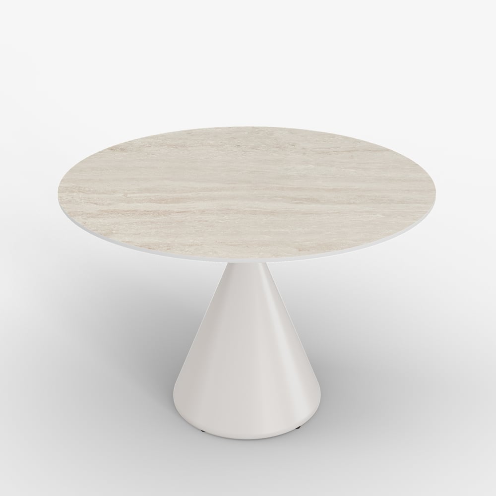 Table à manger ronde moderne en pierre frittée de travertin mat de 99 cm, 2 places image de fenêtre