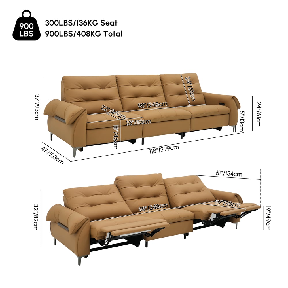 118" 3-Seater Genuine Leather Power Reclining Sofa with USB & Type-C weights dimensions image