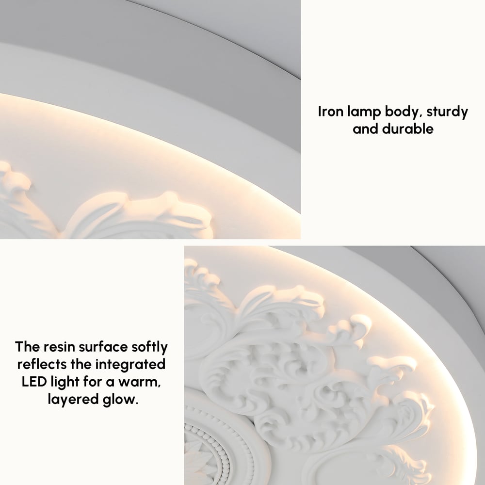 French Elegant White Resin 3D Carved LED 3-Mode Dimmable Flush Mount Ceiling Light window image