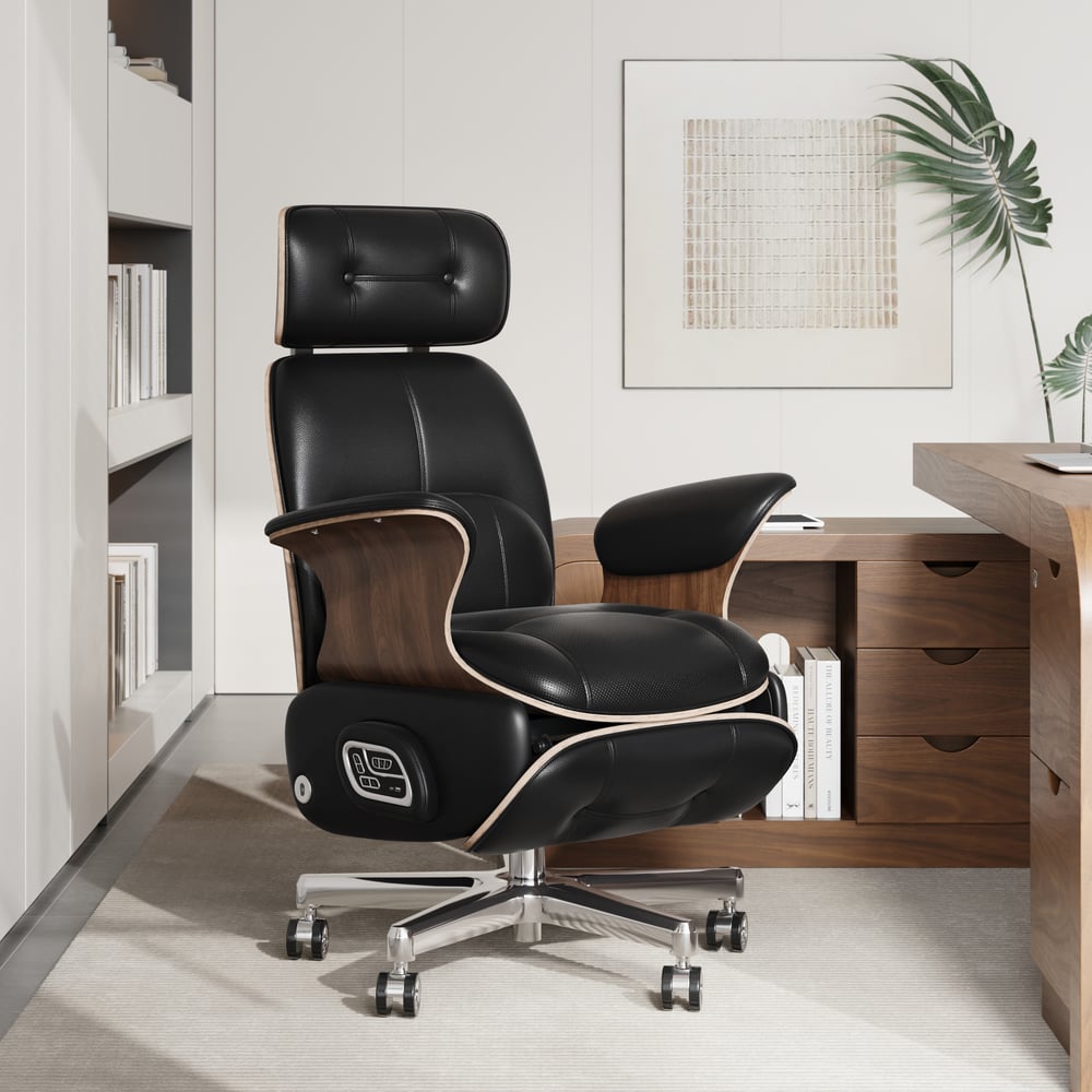 Black Genuine Leather Power Reclining Executive Office Chair Swivel Office Desk Chair window image