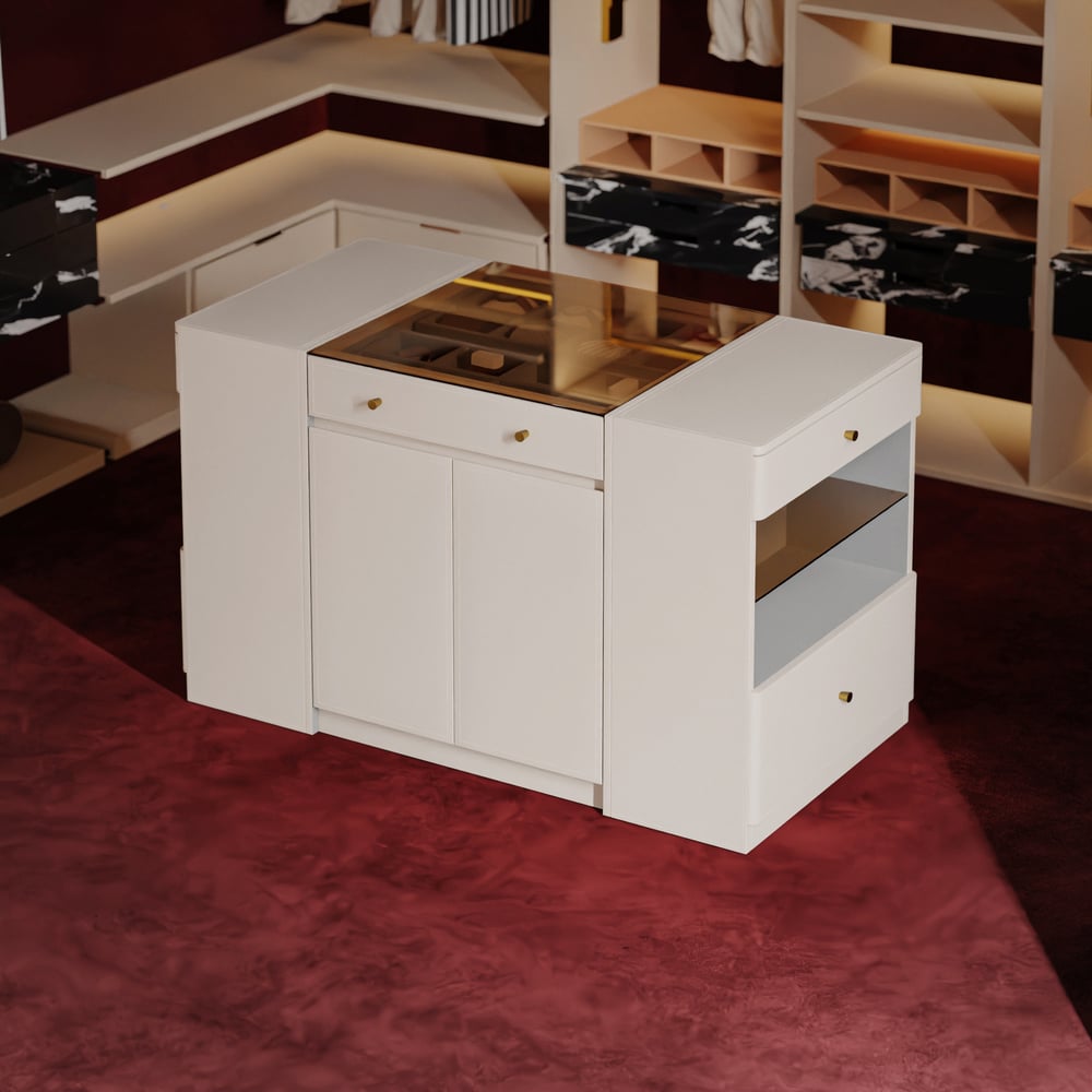 Selvo Saddle Leather Glass Top Closet Island with Storage, Light and Jewelry Display window image