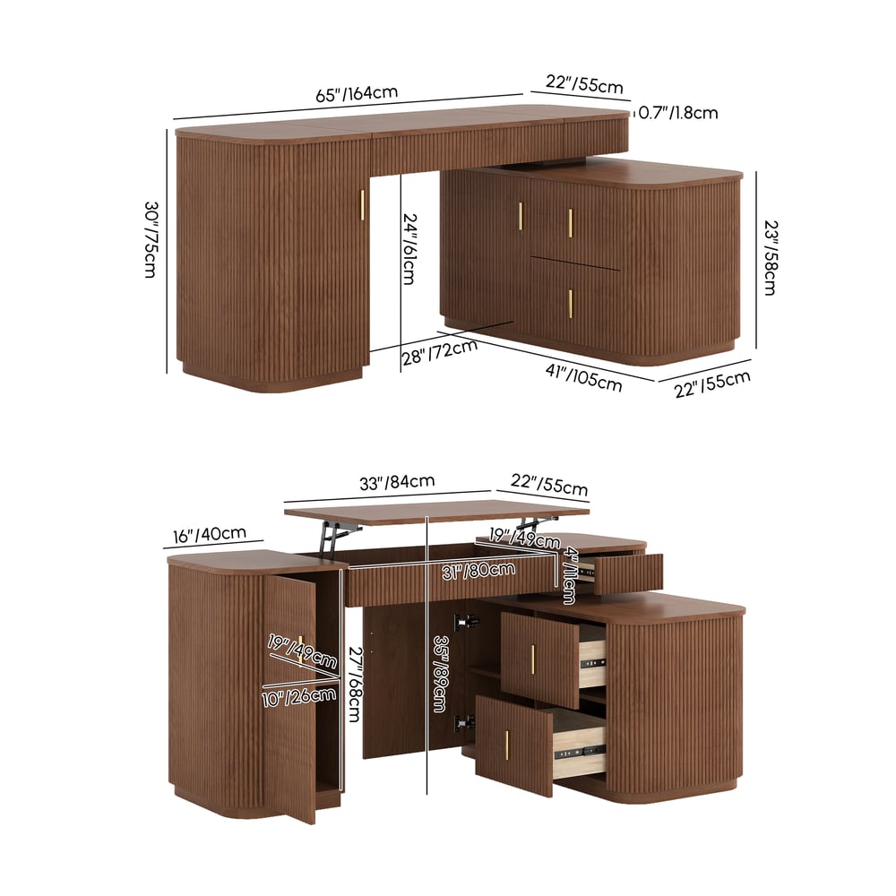 Modern 60" L-Shape Walnut Executive Desk with Drawers & Cabinet Right Hand weights dimensions image