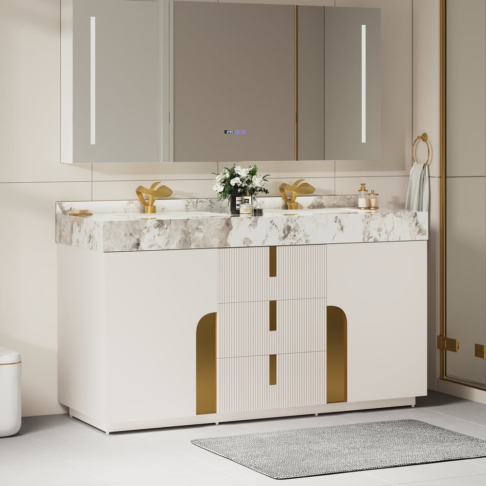 Tocador de baño doble flotante Artis de 60 pulgadas con lavabo, encimera de piedra sinterizada, amplio almacenamiento Imagen de ventana