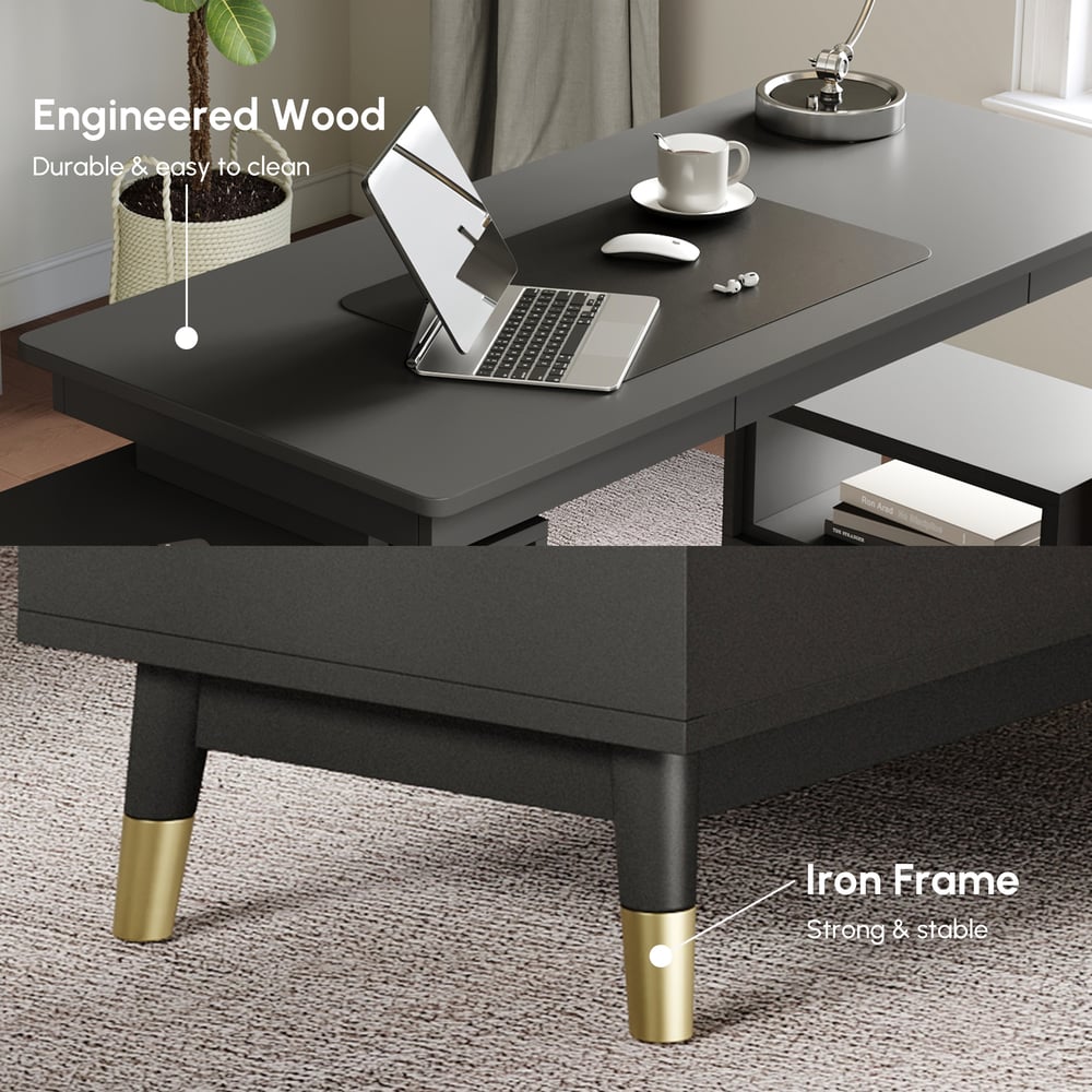 Ultic Matte Black L Shaped Home Office Desk & Faux Leather Office Chair Set with Wheels window image
