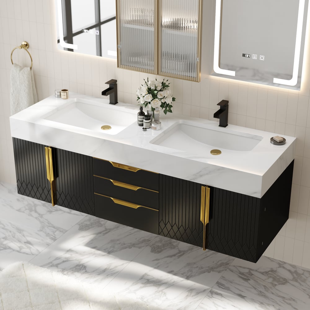59" Double Sink Floating Vanity Set with LED Medicine Cabinet with Storage window image