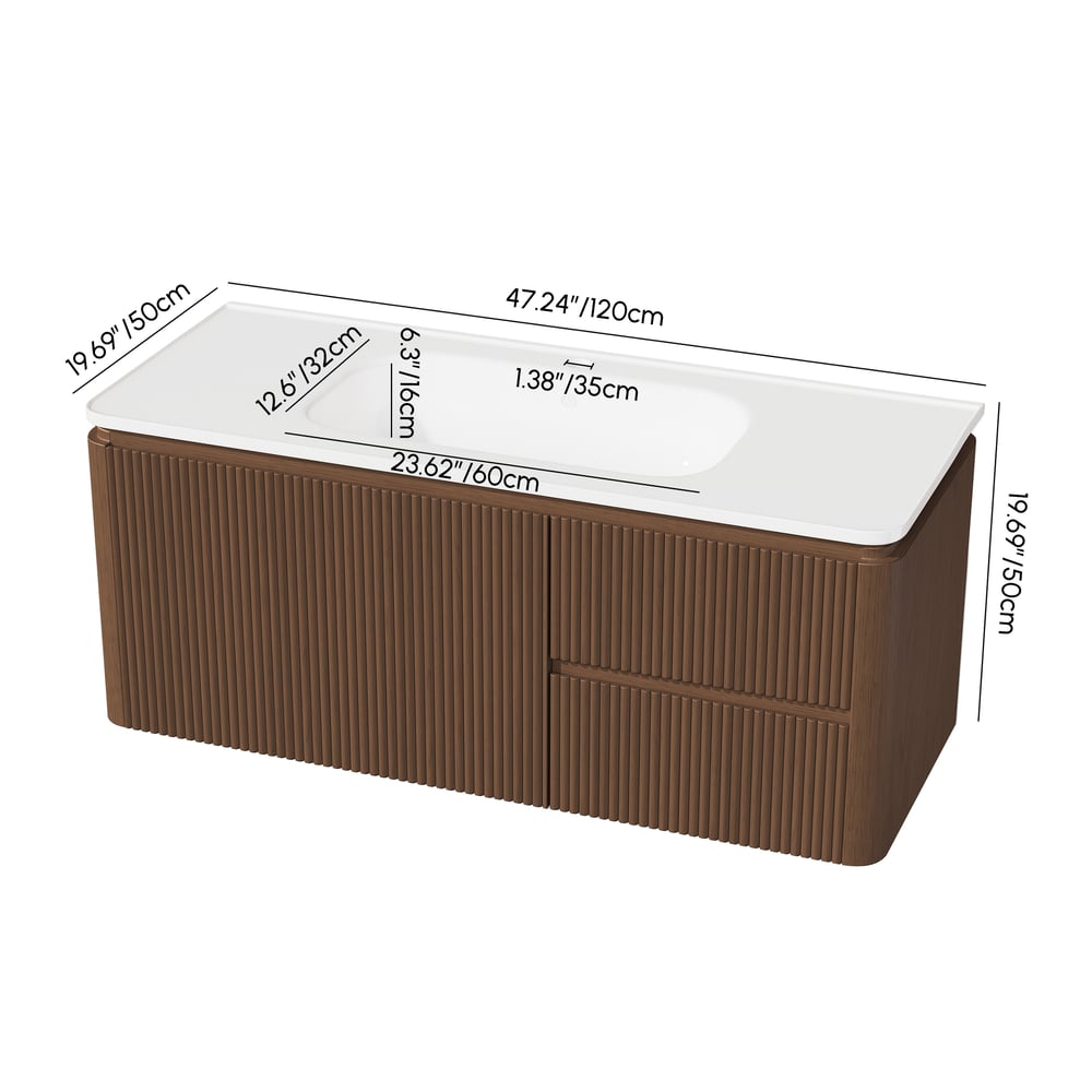 Moderno tocador de baño flotante acanalado de 119 cm con lavabo, LED suave y amplio almacenamiento pesos dimensiones imagen