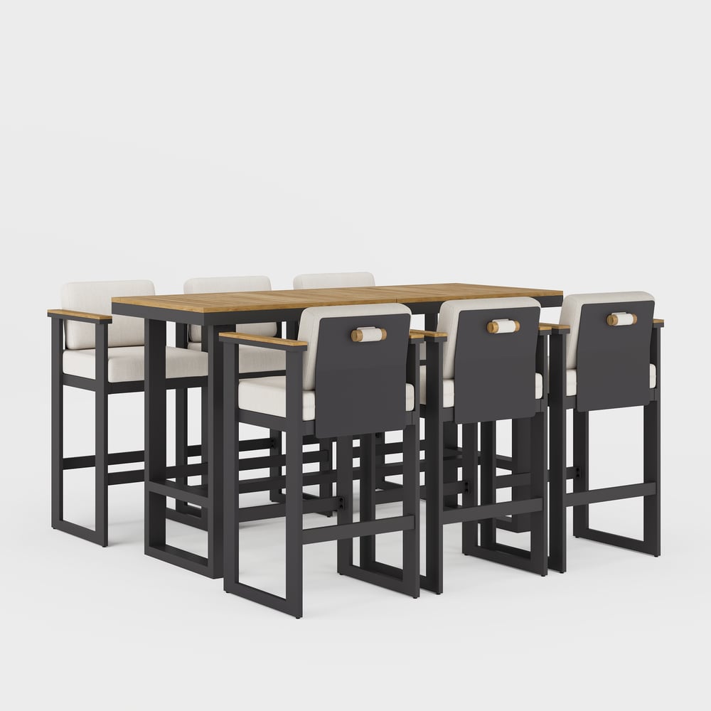Tevara Teakhouten Moderne Outdoor Bar Set Donkergrijs Frame & Warm Wit Kussen Vensterafbeelding