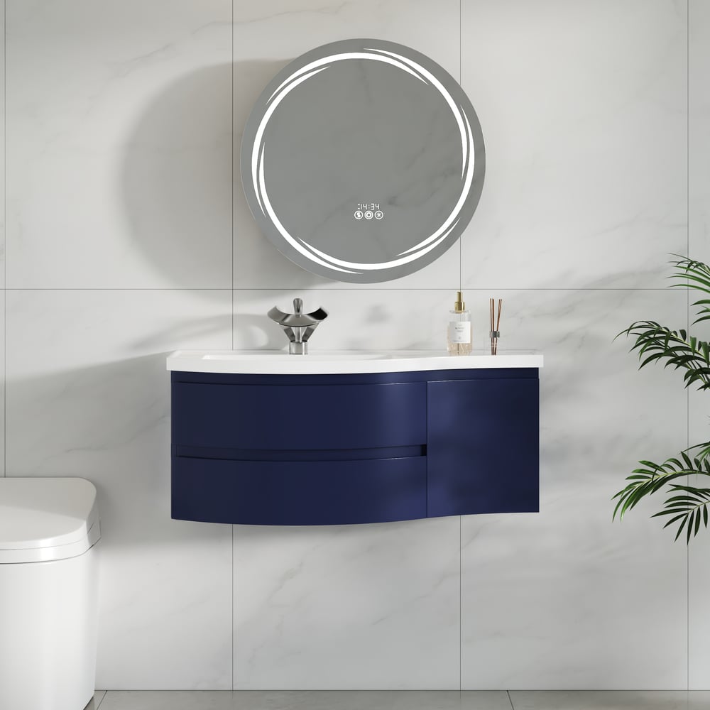 35" Navy Floating Single Curved Bathroom Vanity with Sink & Storage window image