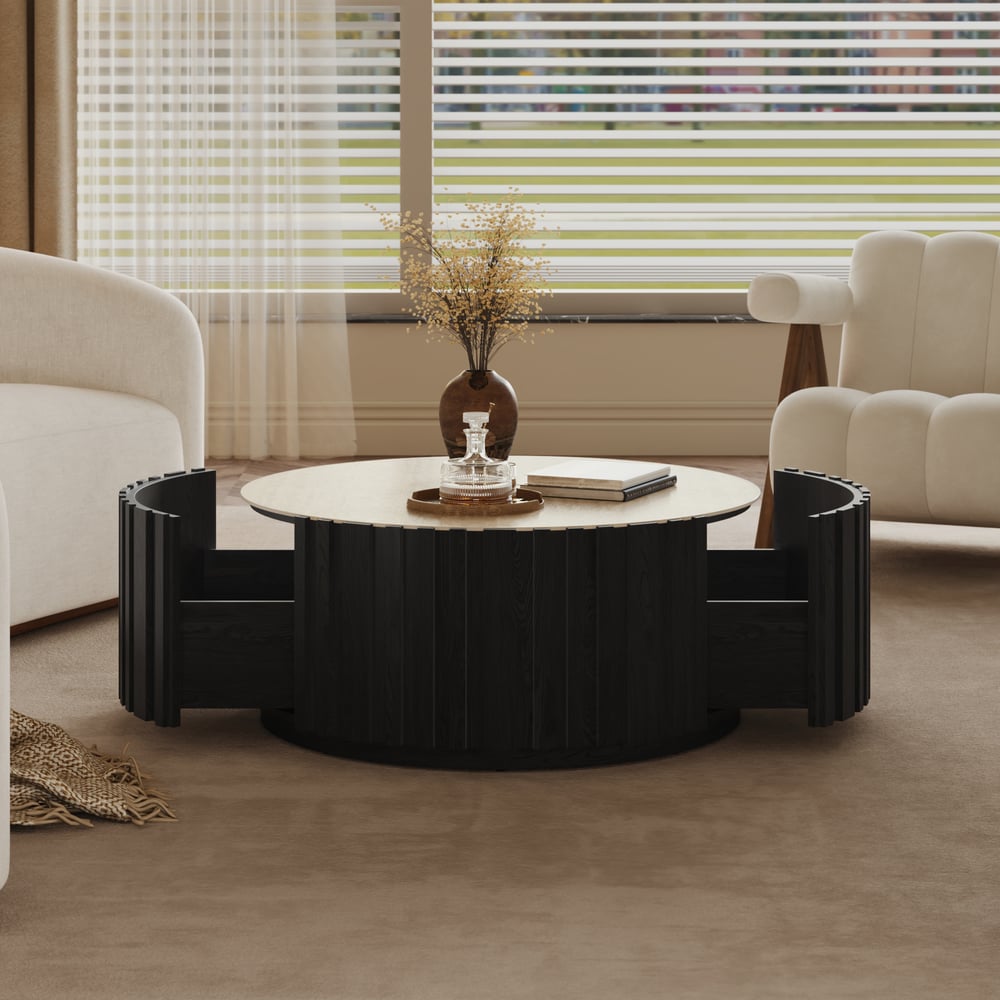 Aura 35" Round Black Slatted Sintered Stone Coffee Table with 2 Drawers window image
