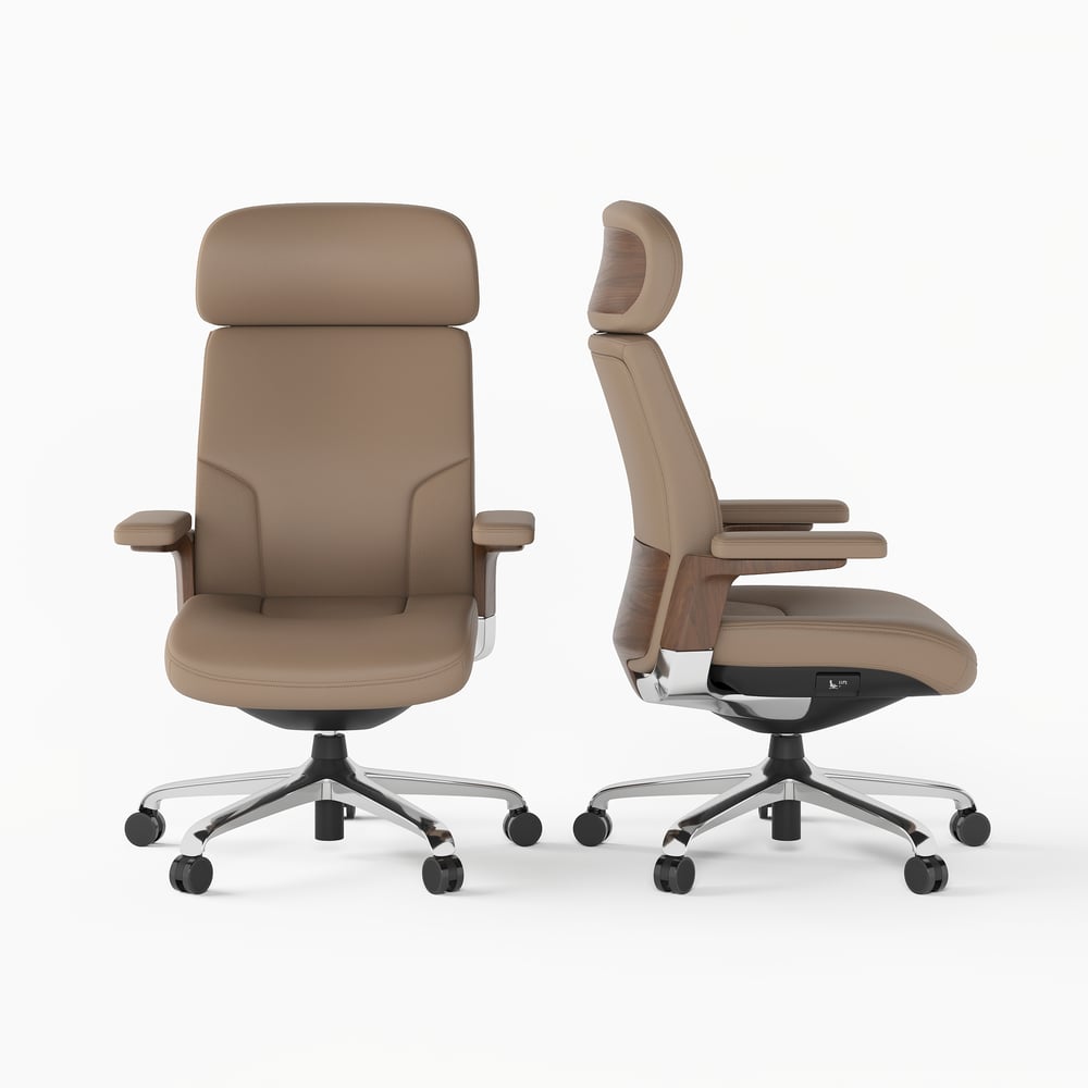 Khaki Genuine Leather Swivel Office Chair with Ergonomic Synchro-Tilt Recline System window image