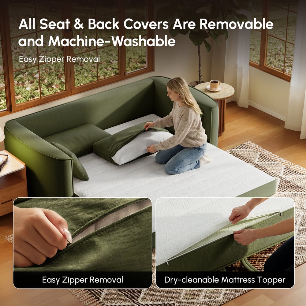 80" Queen 3-Seater Chenille Fold-Down Sleeper Sofa with Removable Cover window image