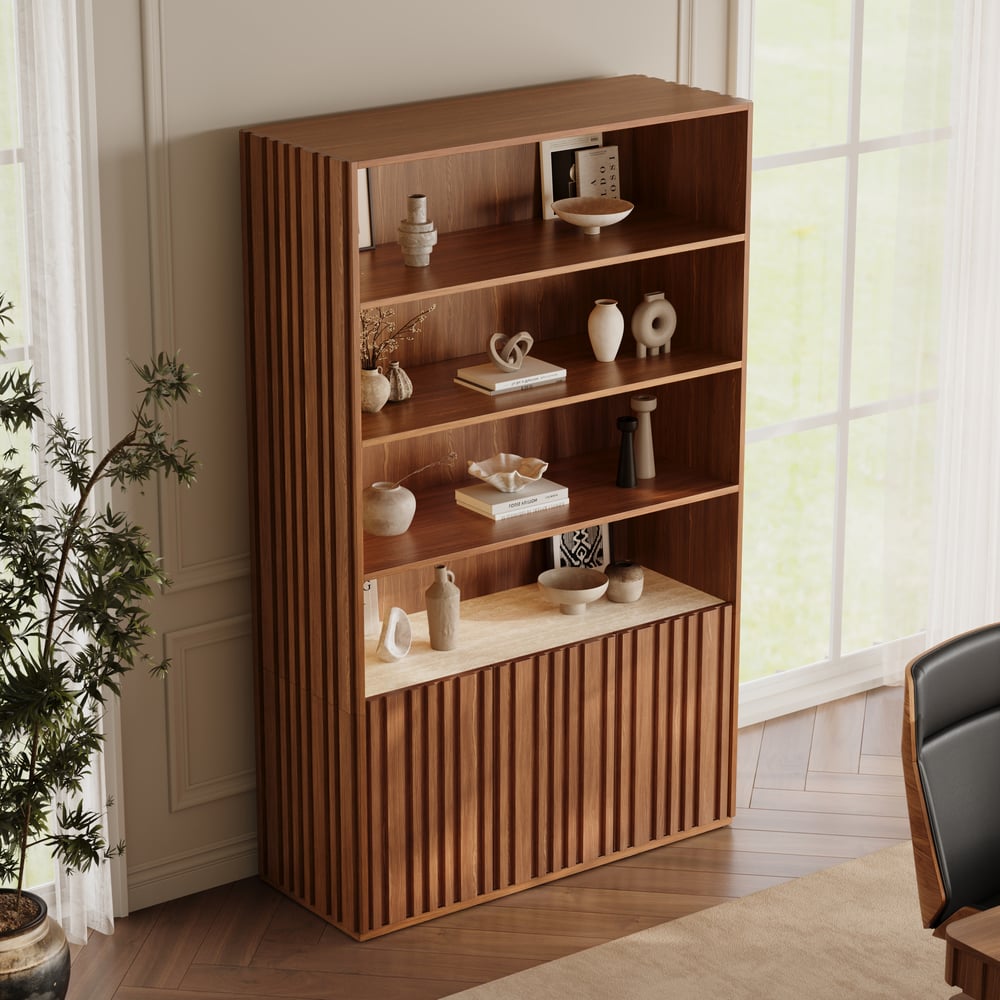Aura 47” Ash Wood Fluted Walnut Bookcase With Sintered Stone Top window image