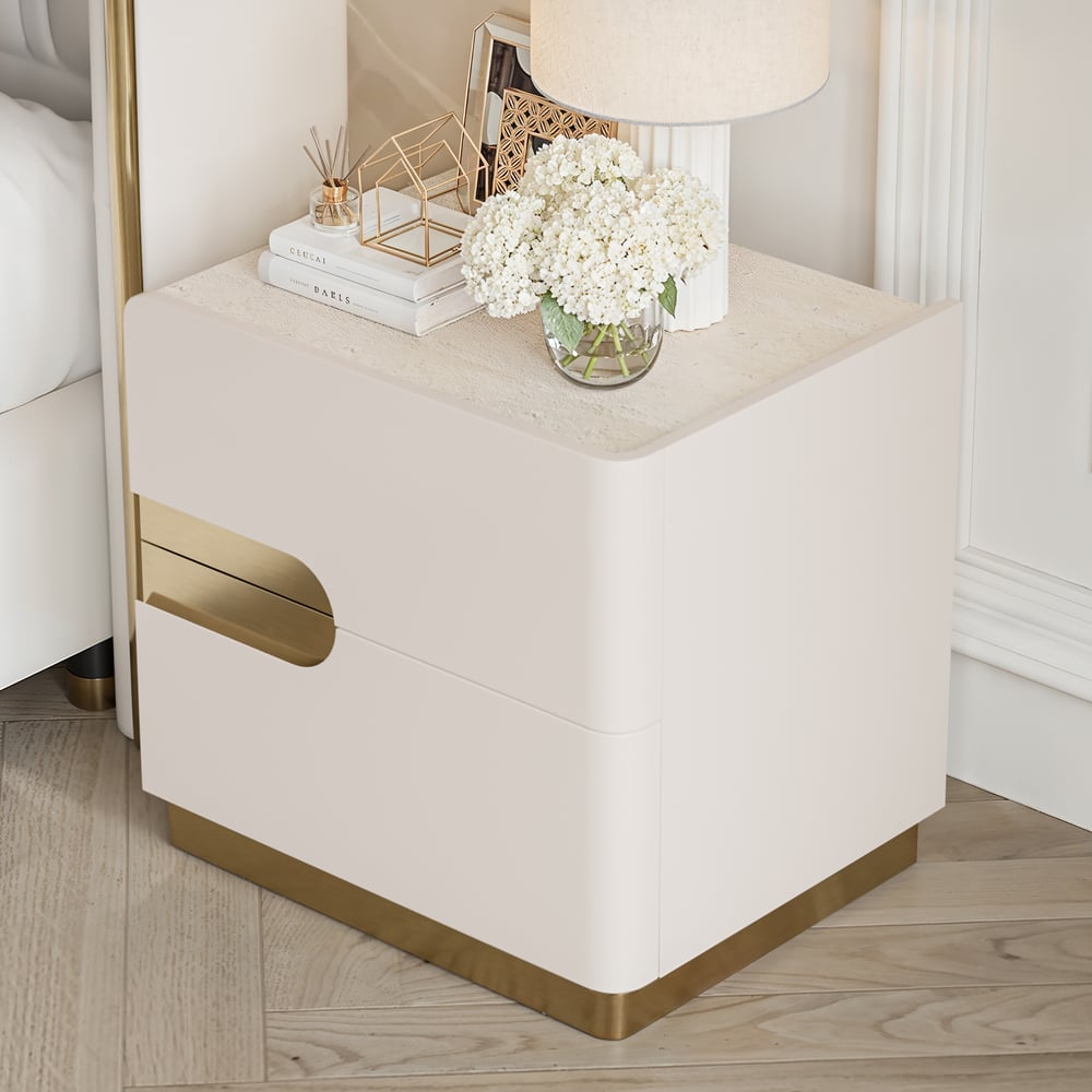 Table de chevet intelligente de 20" à 2 tiroirs avec plateau en pierre frittée et station de charge image de fenêtre