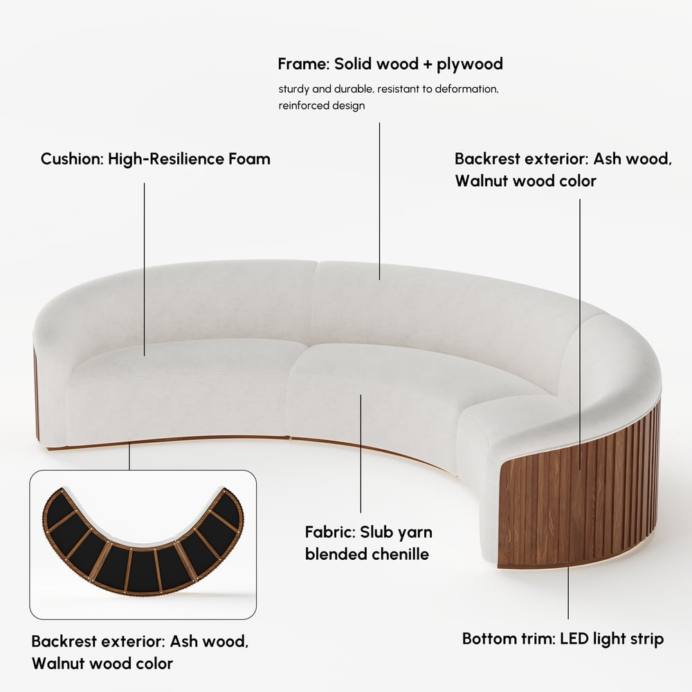 Aura 369 cm 3-Piece Chenille Upholstered Curved Sectional Sofa with Light window image