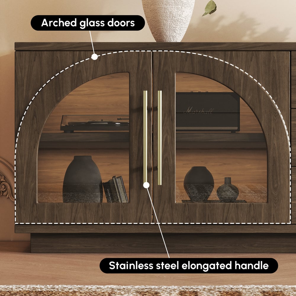 Arune 80" Arched Glass Doors Smoked Brown TV Stand with Storage and LED window image