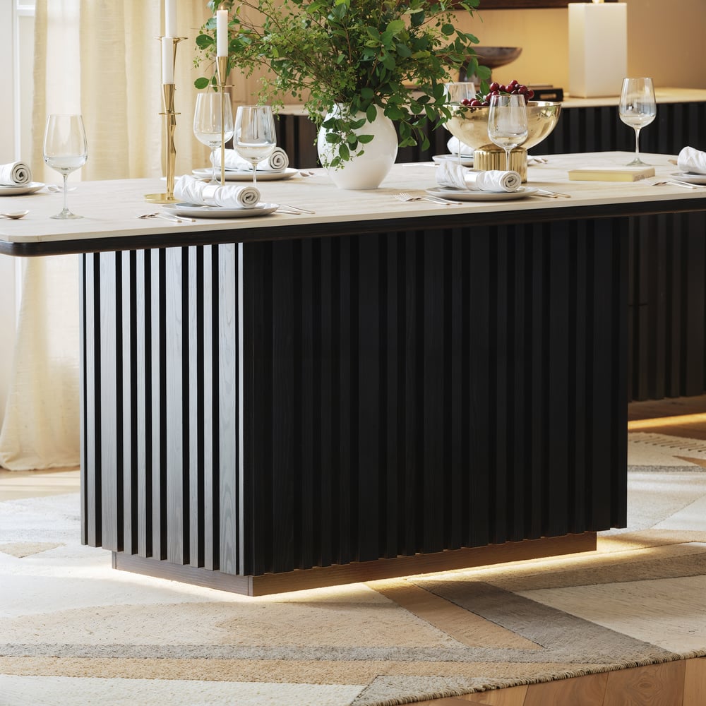 Aura 84" Rectangular Black Faux Travertine Sintered Stone Dining Table, Fluted Base, Seats 8 window image