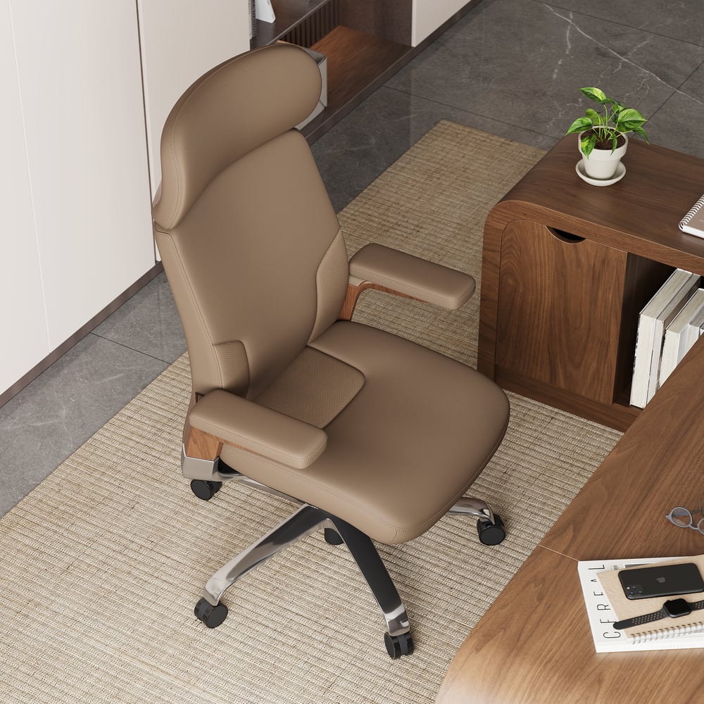 Khaki Genuine Leather Swivel Office Chair with Ergonomic Synchro-Tilt Recline System window image