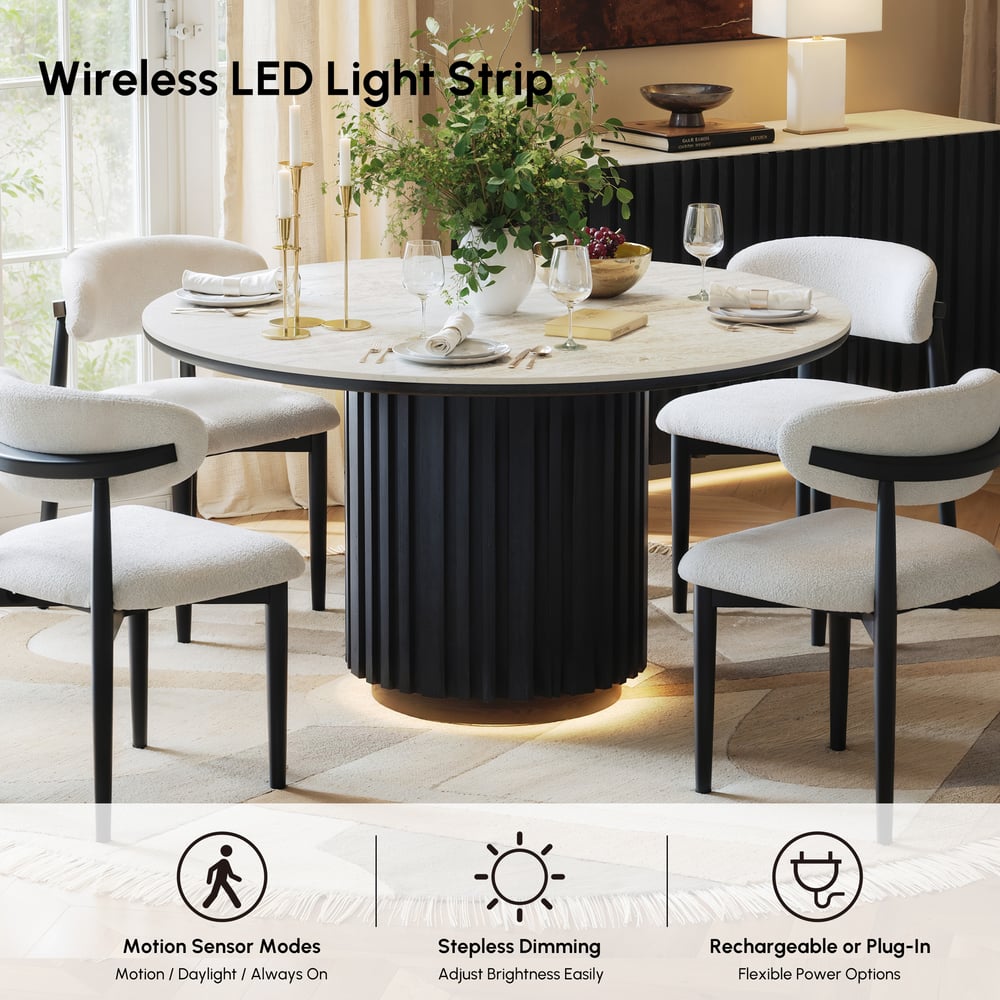 Aura 47" Round Black Faux Travertine Sintered Stone Dining Table, Fluted Base, Seats 4 window image