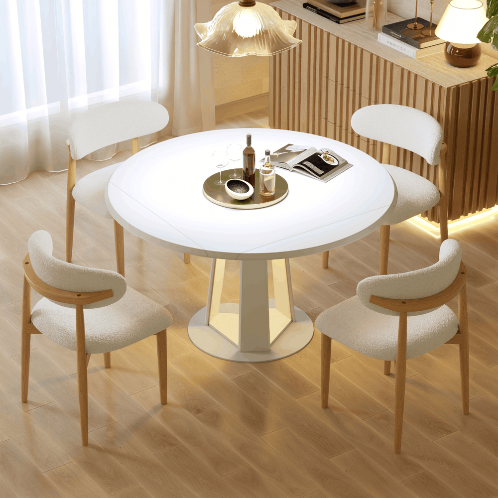 36"-47" Solid Matte Warm White Wood Extendable Dining Table with Light window image