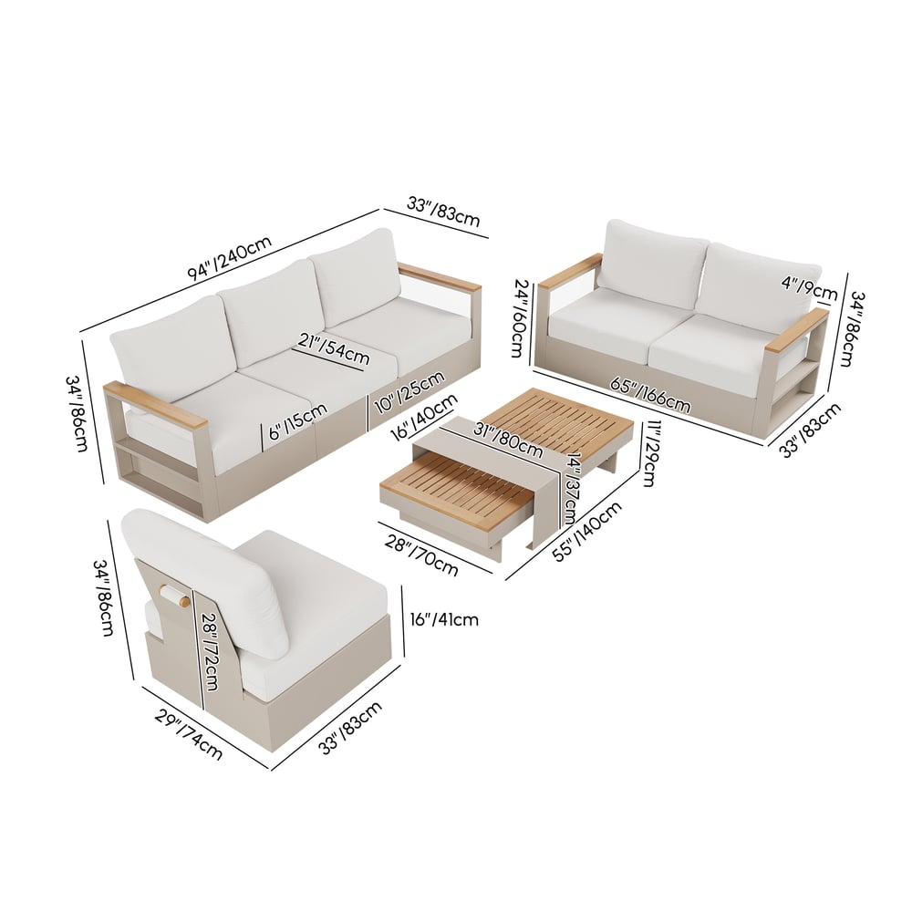 Tevara 6-Person Outdoor Sofa Set with Wood & Aluminium Frame, Sand & Warm White (4-Piece) weights dimensions image