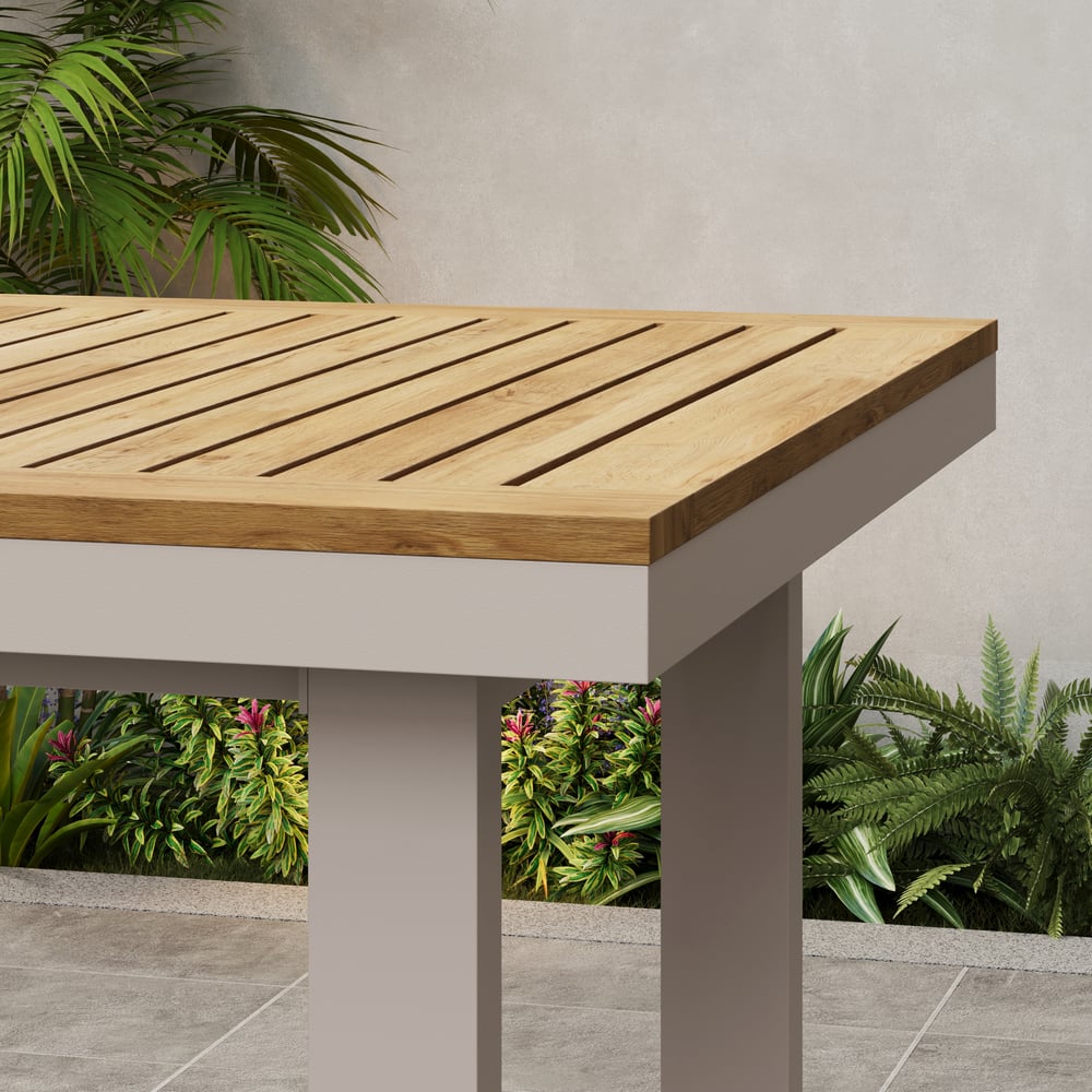 Tevara Outdoor Square Bar Table with Teak Wood Slat Top & Aluminum Frame in Sand window image