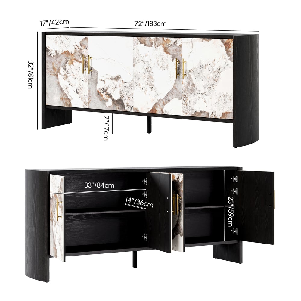 Modern 72" Sintered Stone Sideboard with Oak Wood Frame & Adjustable Shelves weights dimensions image