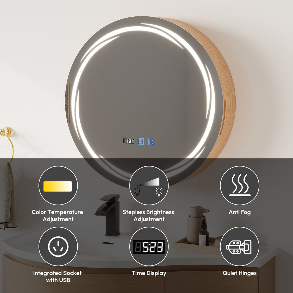 24" Round LED Natural Medicine Cabinet with Storage, Anti-Fog, Dimmable window image