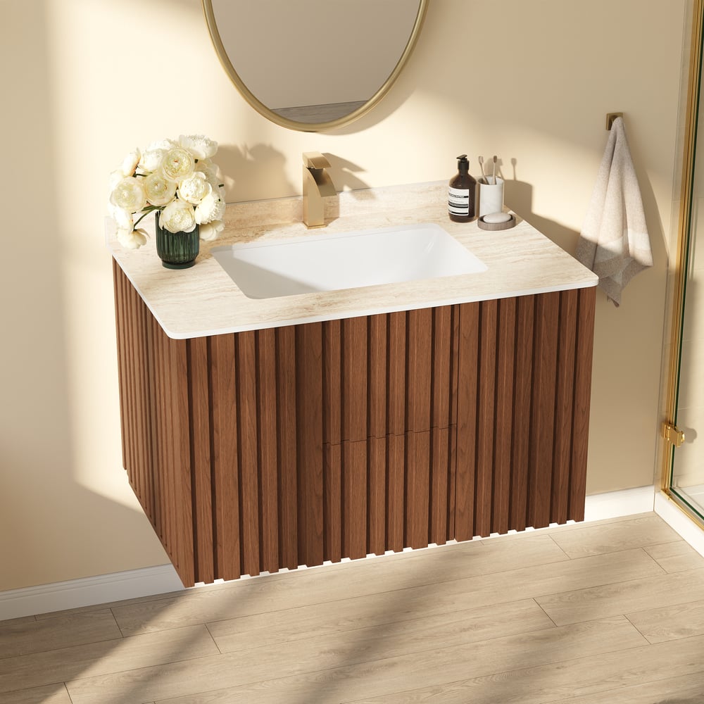 Aura 36" Bathroom Vanity with Light Ash Wood Slatted Panels Faux Travertine Top window image
