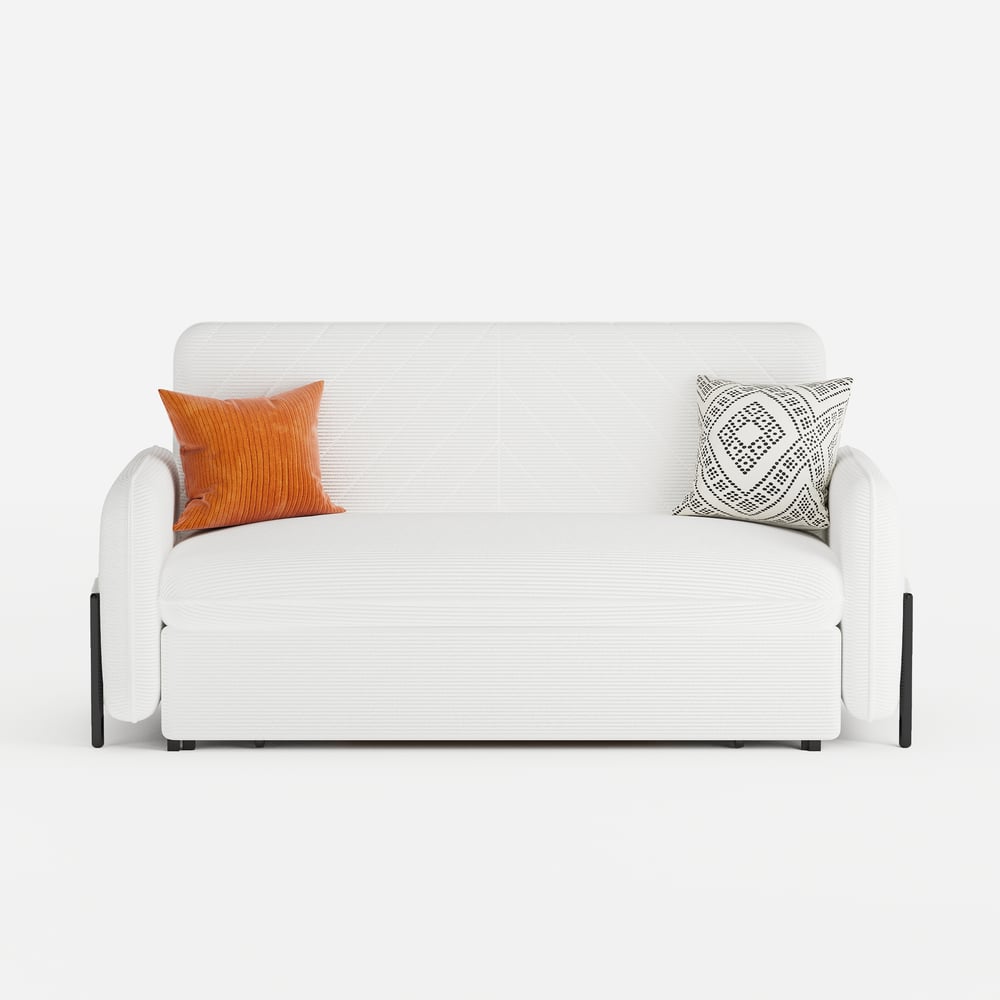 Canapé convertible lit 172 cm 2 places velours côtelé blanc avec rangement et coussins image de fenêtre