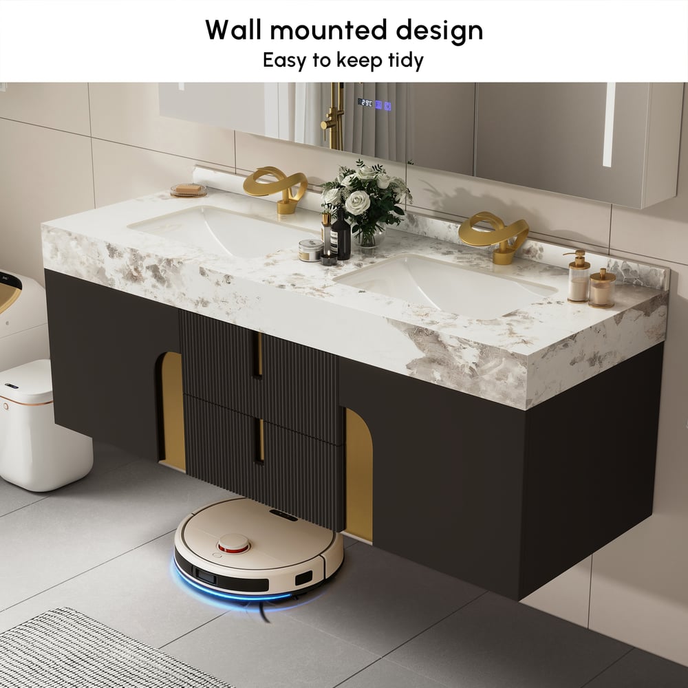 Mueble de baño Artis de 152cm de doble lavabo flotante con encimera de piedra sinterizada Imagen de ventana