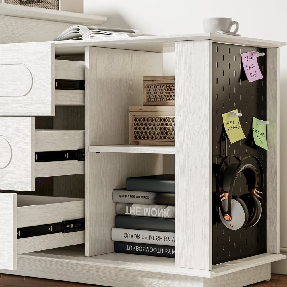 Modern 73" L-Shaped White Rotating Desk with Keyboard Tray & Storage window image