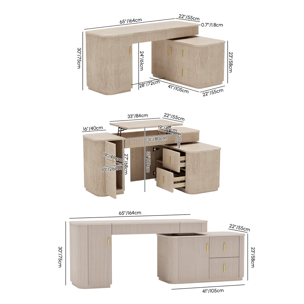 Velign 65" L-Shape Whitewash Executive Desk with Right-Side Cabinet weights dimensions image