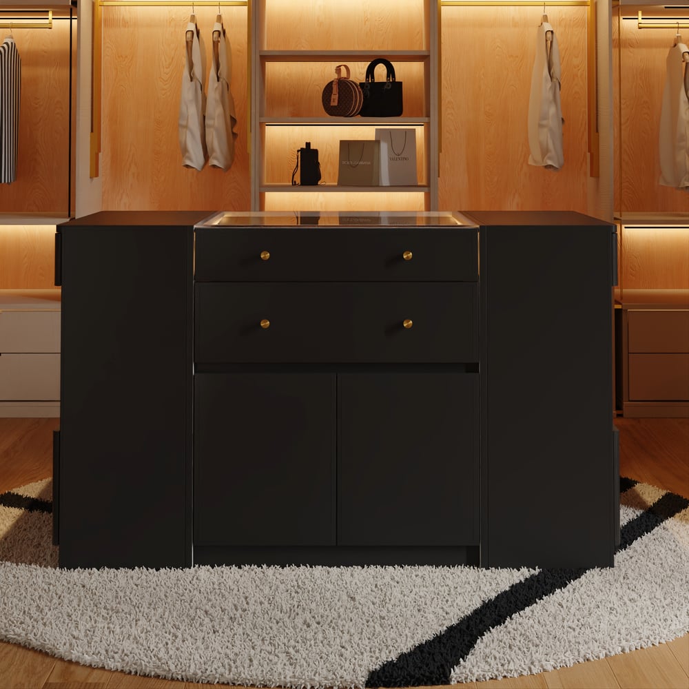 Selvo Saddle Leather Black Closet Island with Storage, Light and Jewelry Display window image