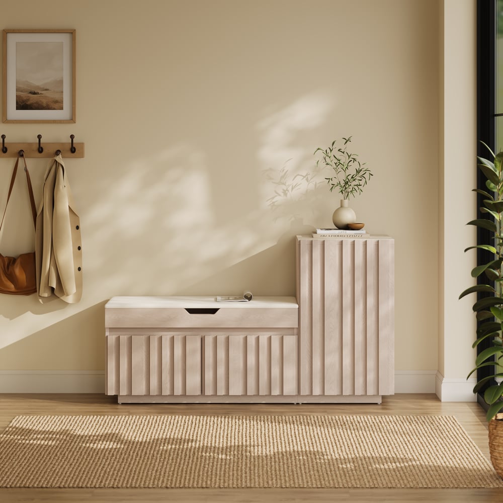 Banc de rangement pour chaussures en bois Aura 47 po avec armoire sur le côté droit pour l'entrée image de fenêtre