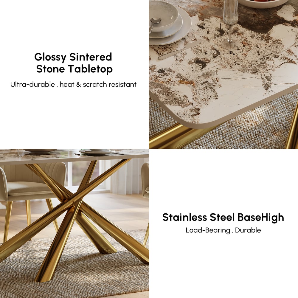 Dining Set 63" Rectangle Glossy Pandora Sintered Stone Dining Table with 4 Chairs window image