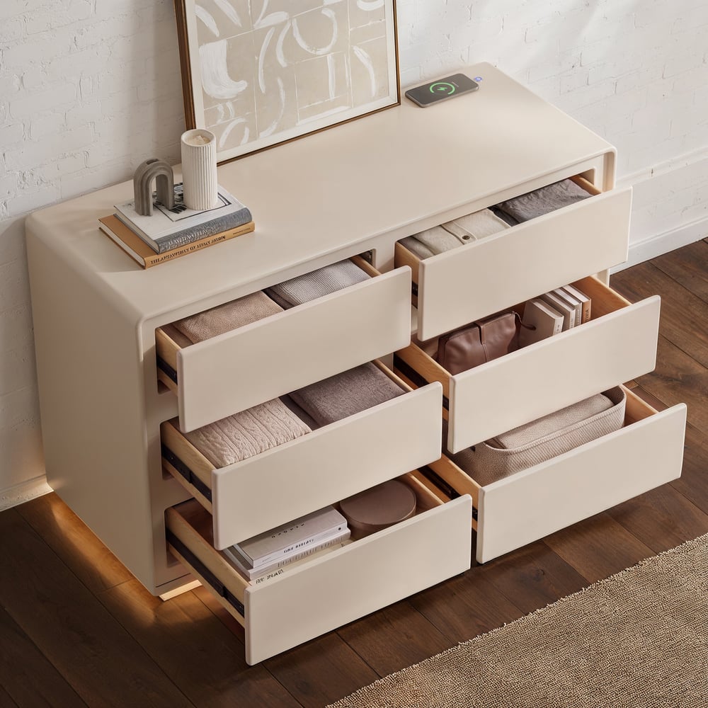 Haloa Modern 47" 6-Drawer Matte Warm White Chest of Drawers with Light and Charging Station window image