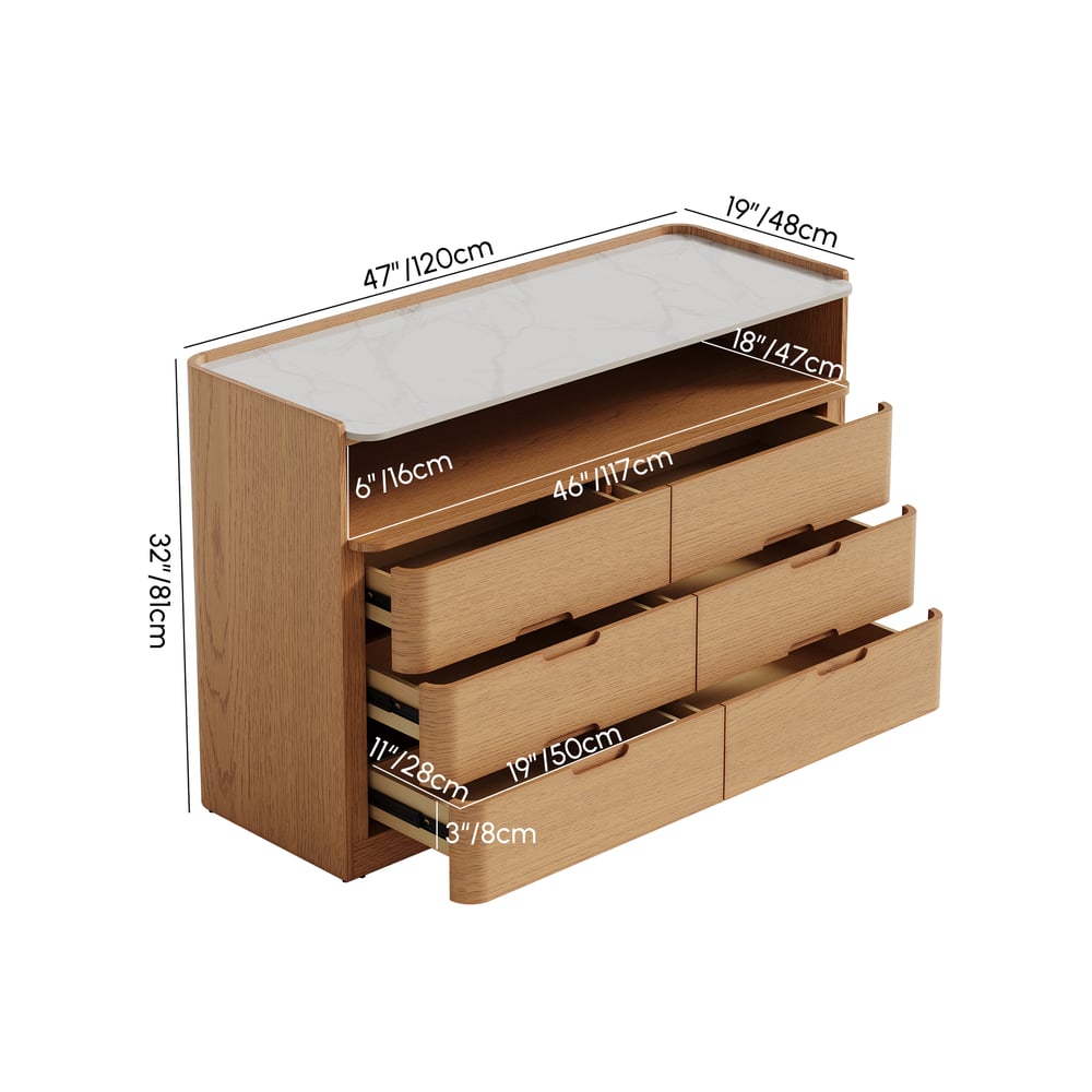 Commode moderne de 47 pouces à 6 tiroirs avec étagère et plateau en pierre frittée Poids, dimensions, image