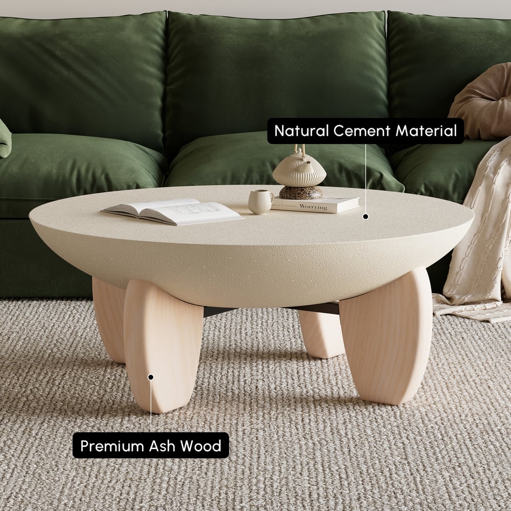 Mesa de Centro Curva Round de Betão e Nogueira com Pernas de Madeira Imagem da janela