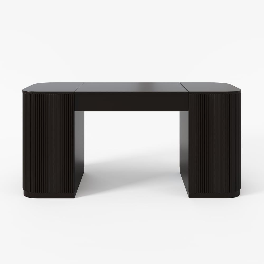 Modern 60" Black Standing Office Desk & Sliding Door Etagere Bookshelf window image